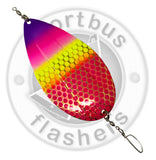 Kokanee Dodger – Multicolor Purple, Hot Pink, Yellow & Red Dot Pattern